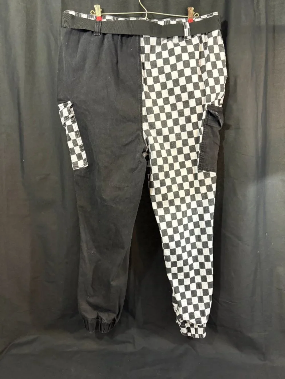 Hot Topic Black White Checkered Split Cargo Jogger Pants Belted